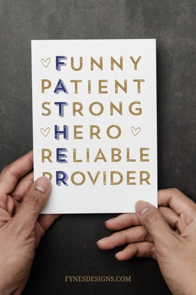Printable Father’s Day card featuring an acrostic poem for “FATHER” with words like Funny, Patient, Strong, Hero, Reliable, and Provider in bold navy and gold letters. The design is displayed on a neutral background with an envelope and the text “free download” above it.
