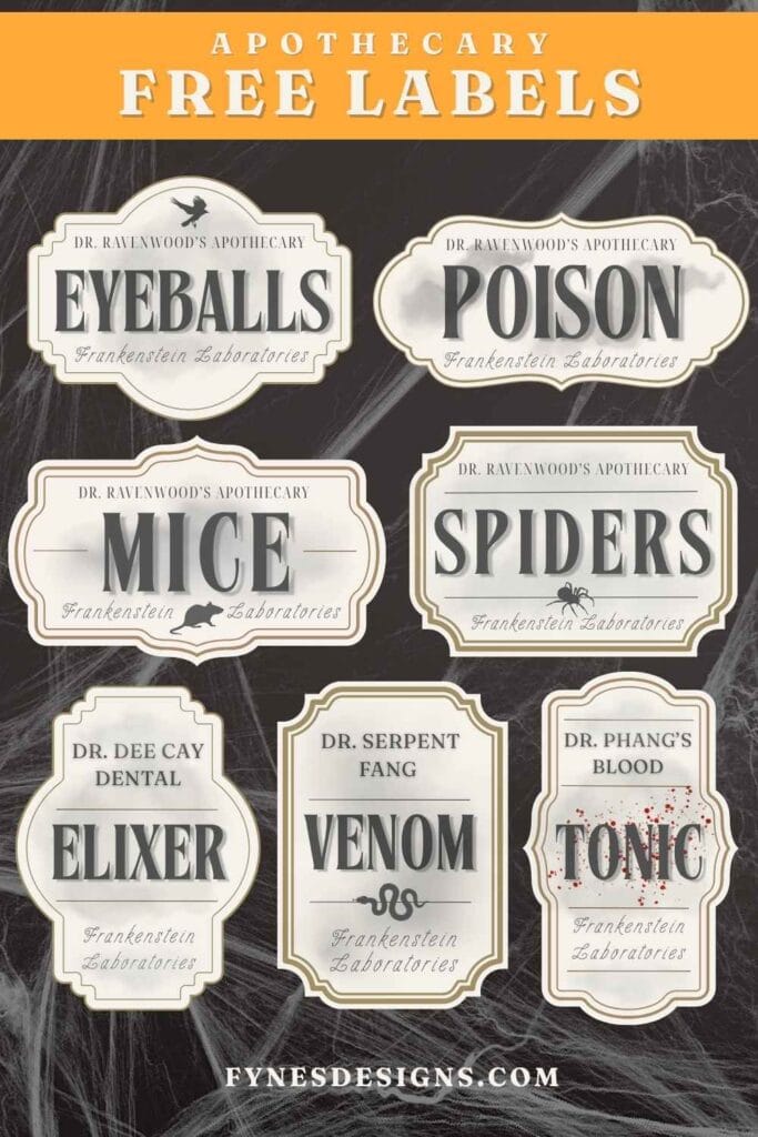 DIY apothecary Halloween decor with printable potion labels on glass jars filled with spooky ingredients.