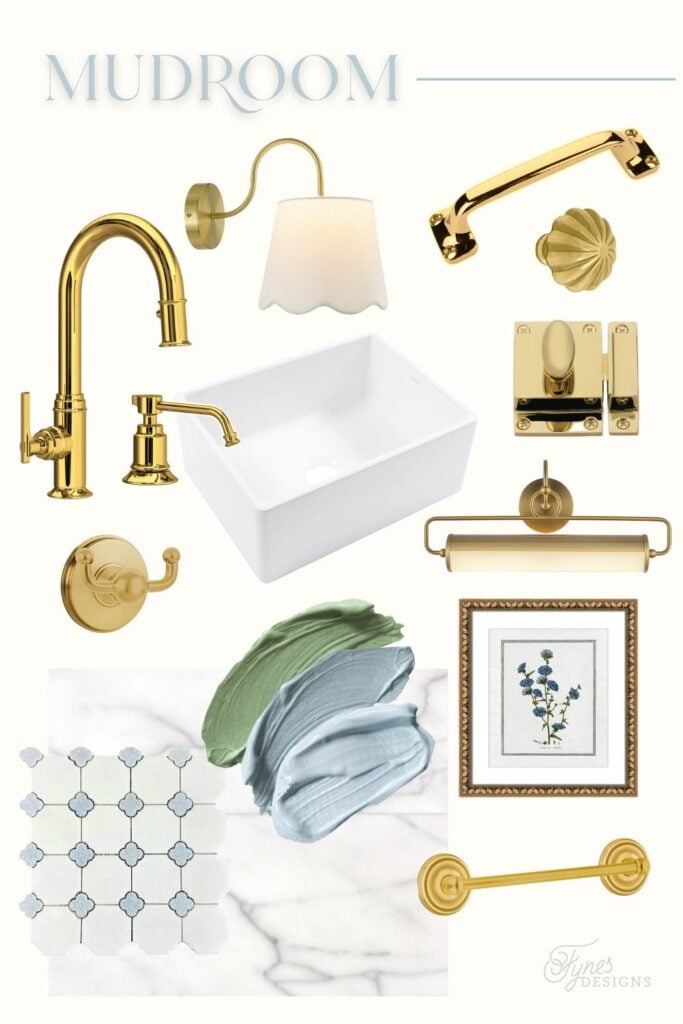 Mudroom moodboard featuring cabinetry finishes, marble flooring, unlaquered brass hardware, and York wallpaper in soft neutral tones.